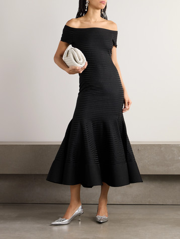 Carolina Herrera Off-the-shoulder striped metallic knitted midi dress