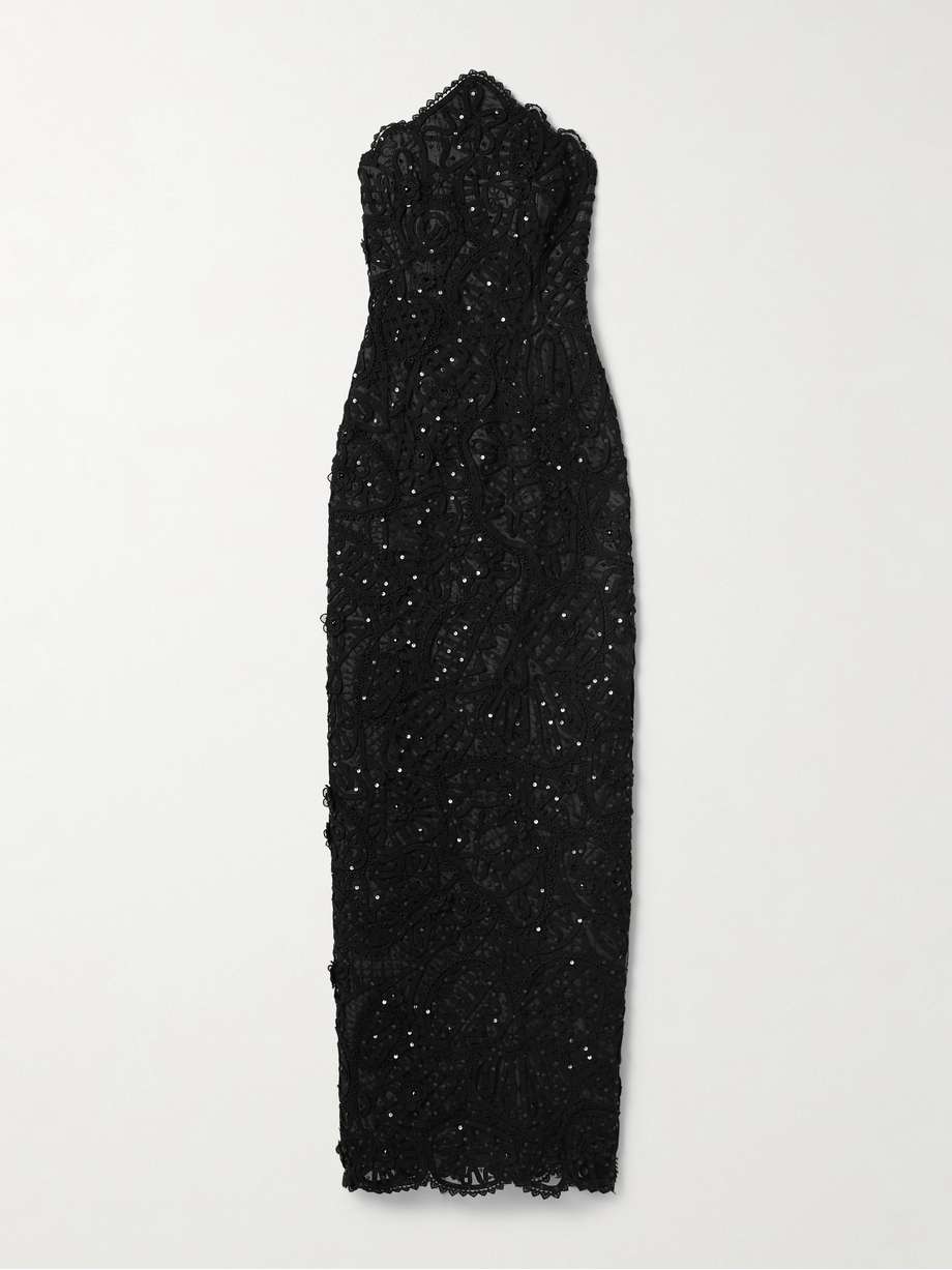 strapless embellished lace-trimmed crepe and tulle gown