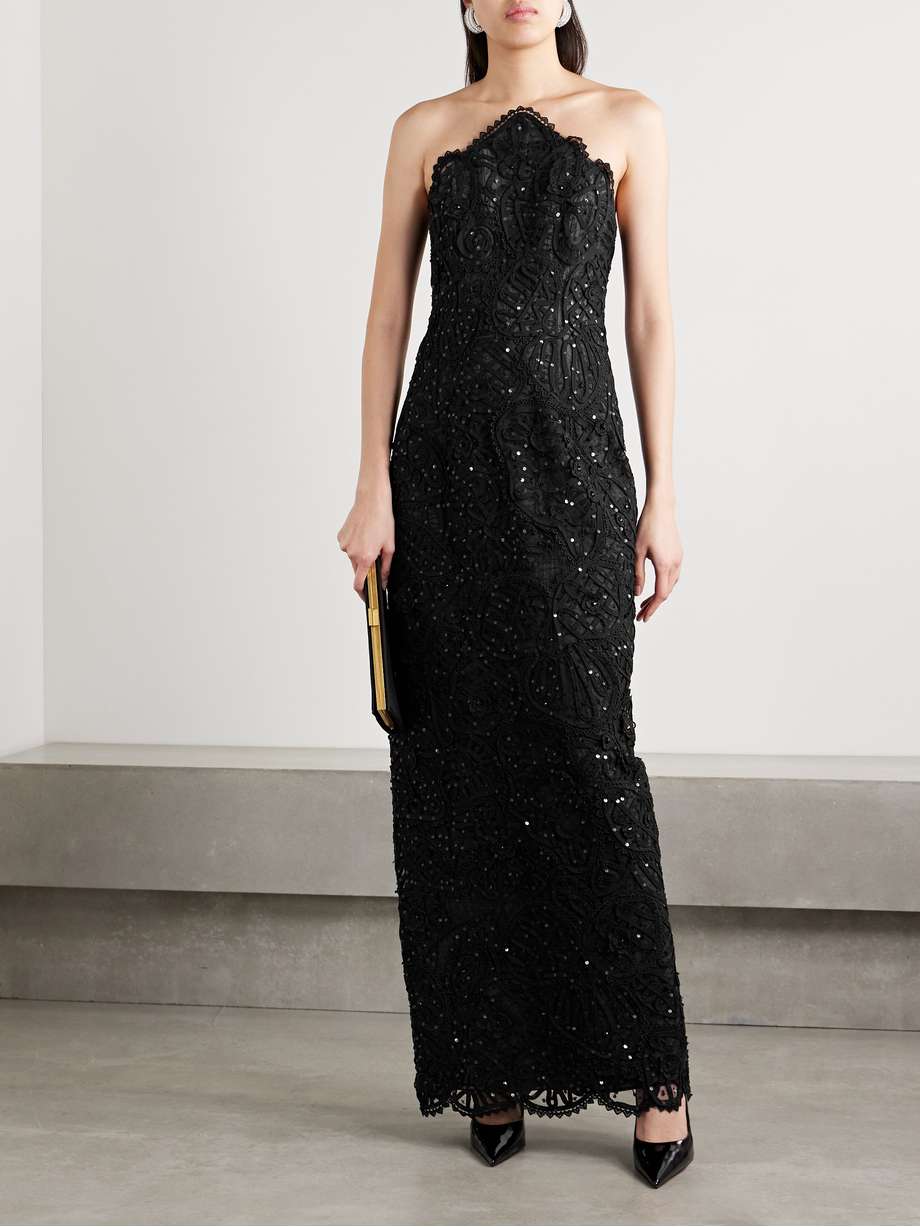 strapless embellished lace-trimmed crepe and tulle gown