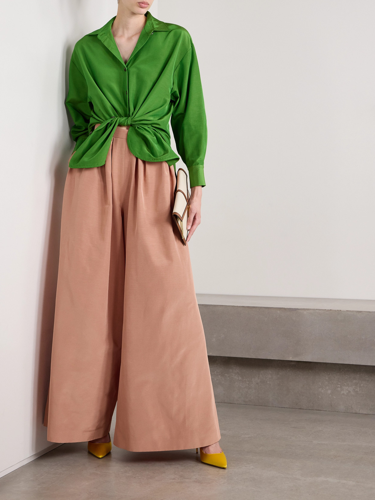 Carolina Herrera Pleated Cotton-blend Faille Wide-leg Pants In Neutrals