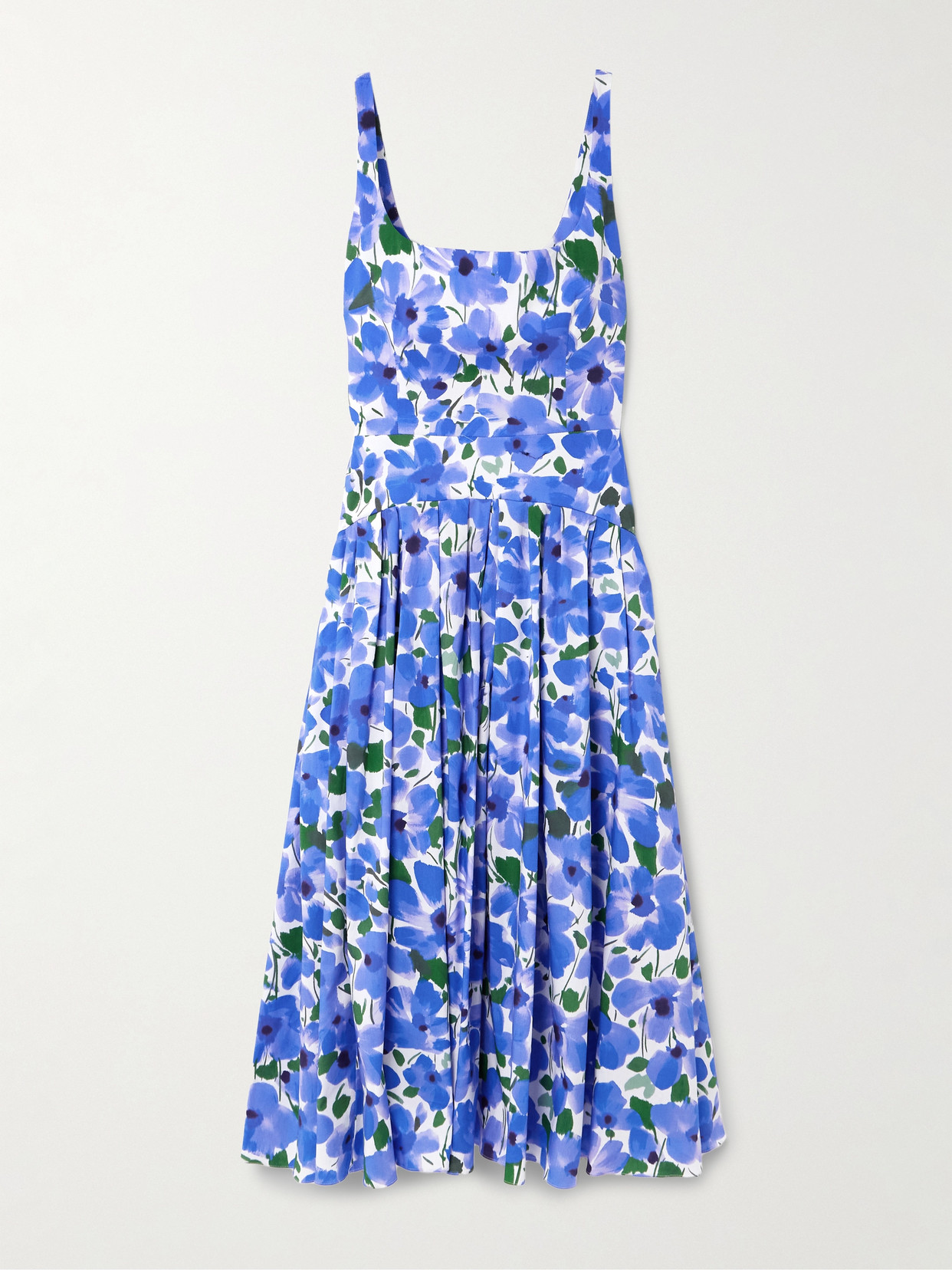 Carolina Herrera - Pleated Floral-print Cotton-blend Poplin Midi Dress - Blue