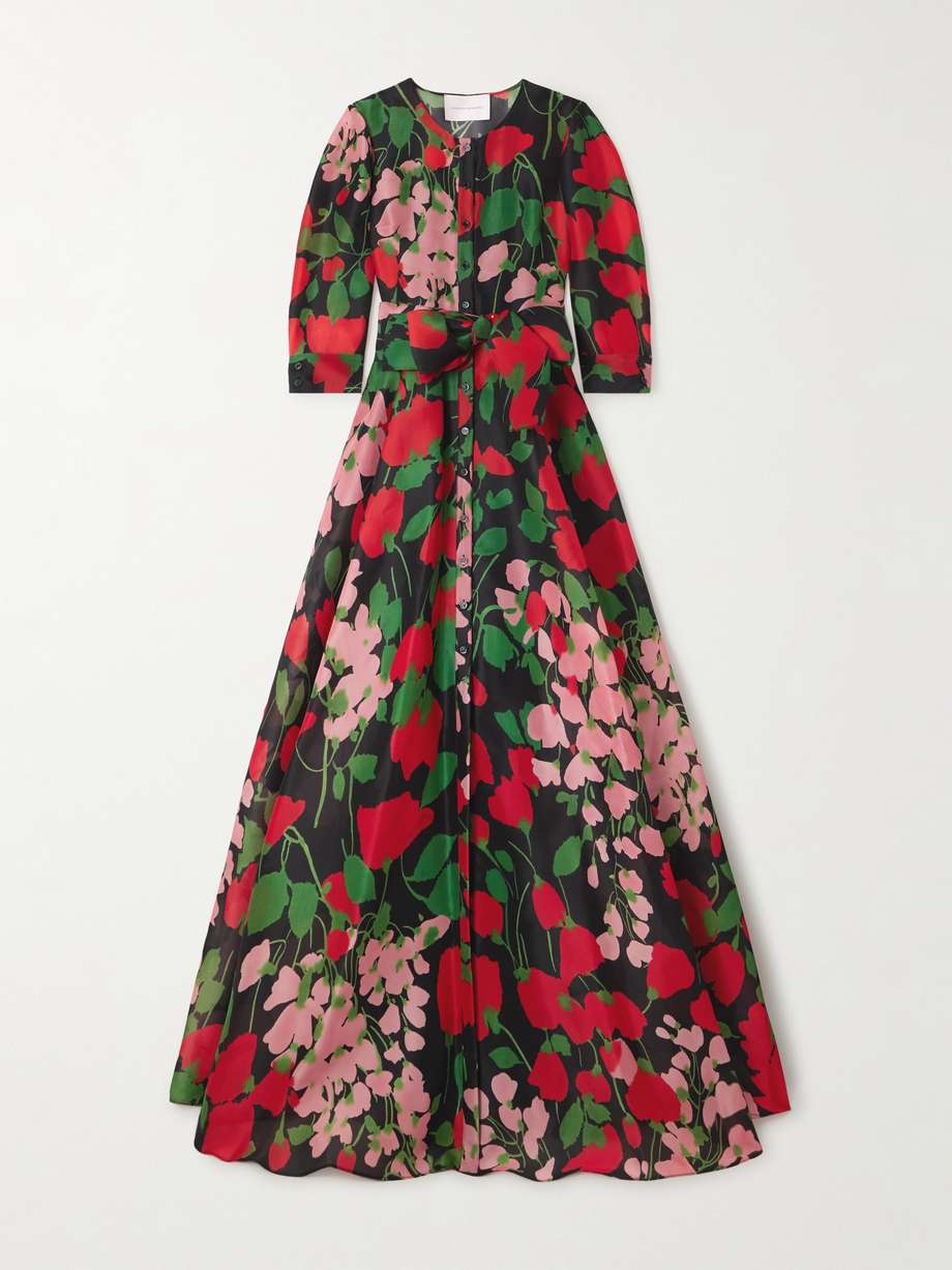 belted floral-print silk-gazar gown