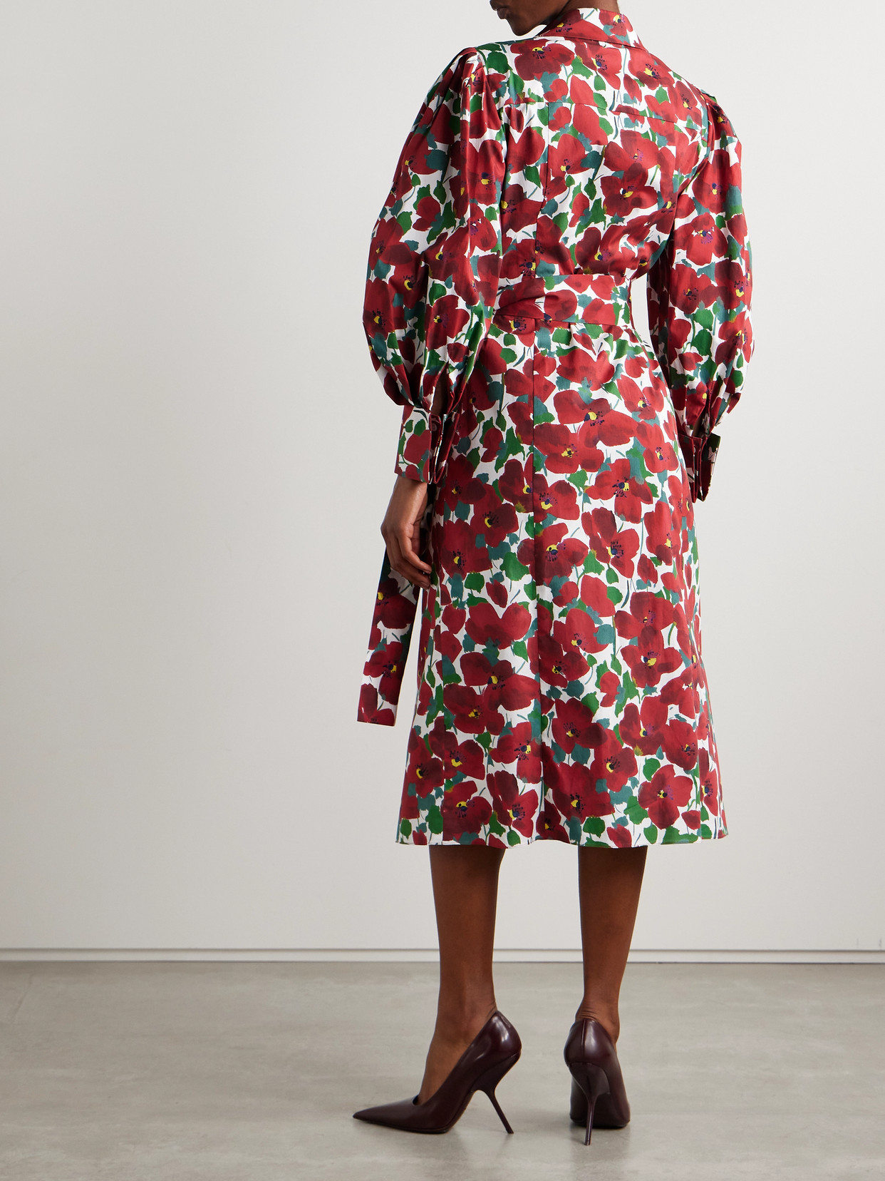 CAROLINA HERRERA BELTED FLORAL-PRINT COTTON-BLEND MIDI SHIRT DRESS