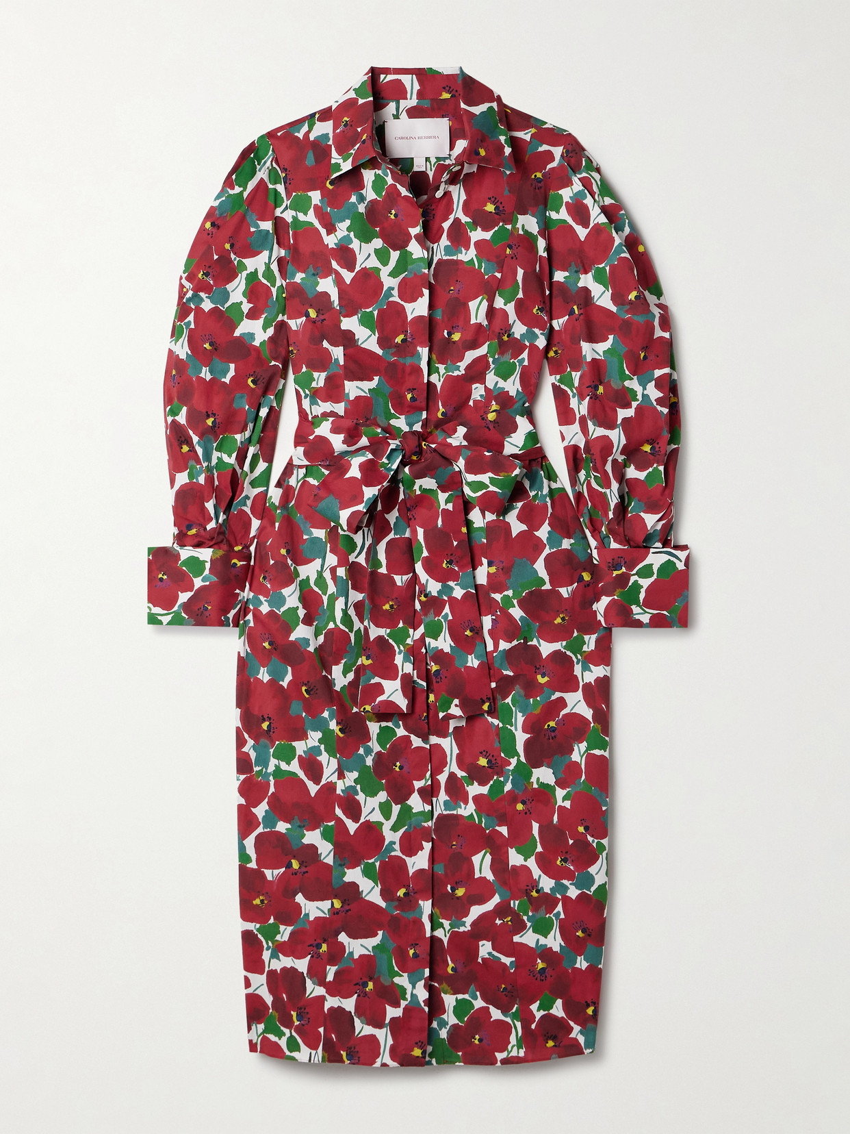 Carolina Herrera Belted Floral-print Cotton-blend Midi Shirt Dress In Red