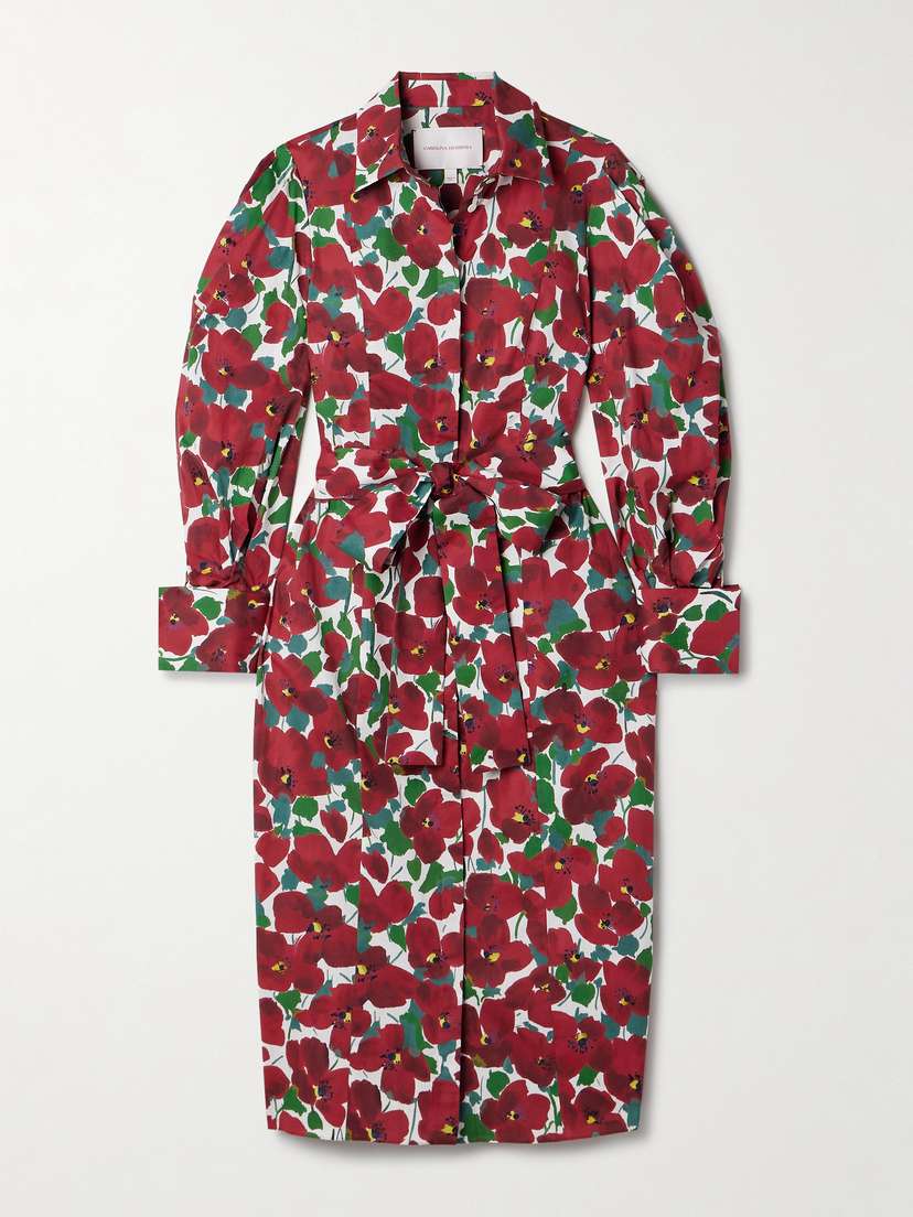 Carolina Herrera Belted Floral-print Cotton-blend Midi Shirt Dress