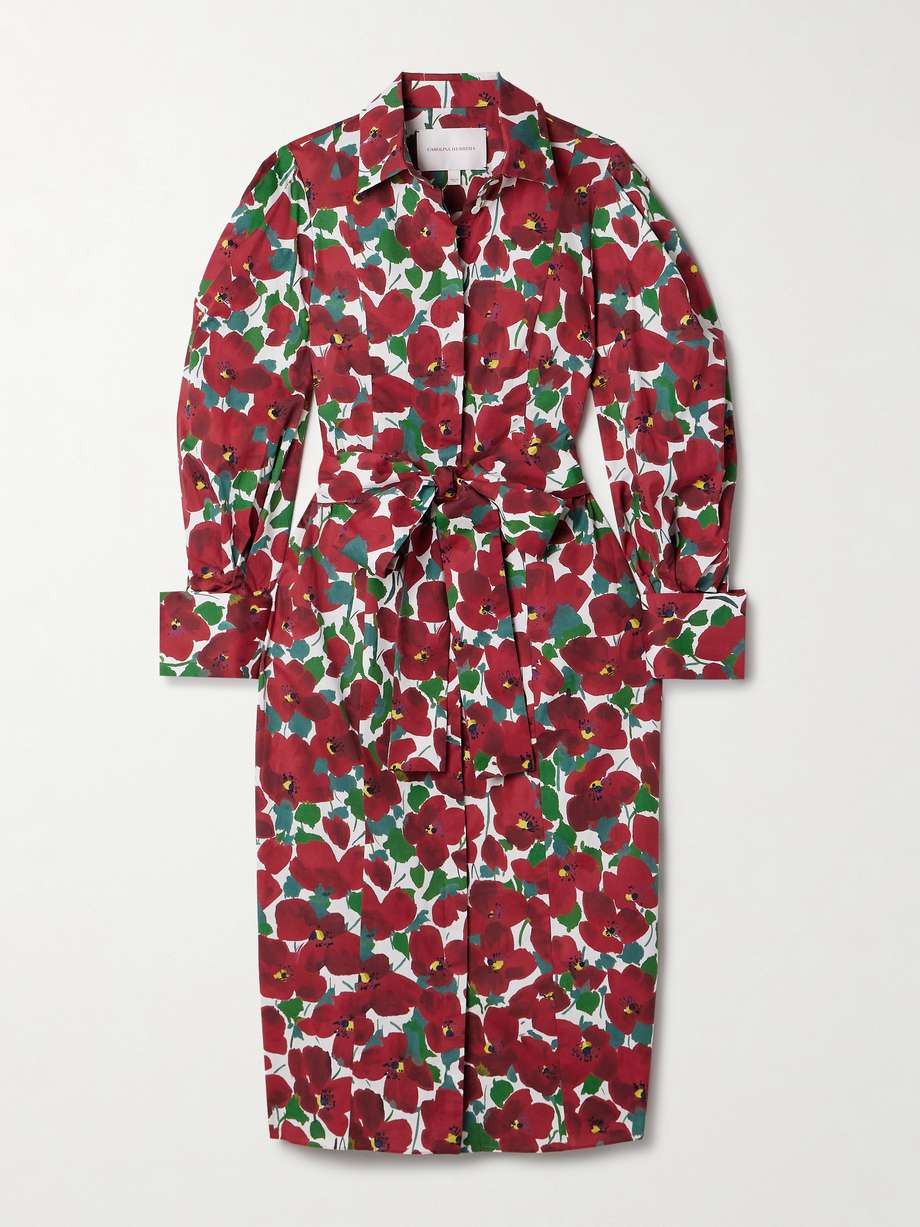 belted floral-print cotton-blend midi shirt dress