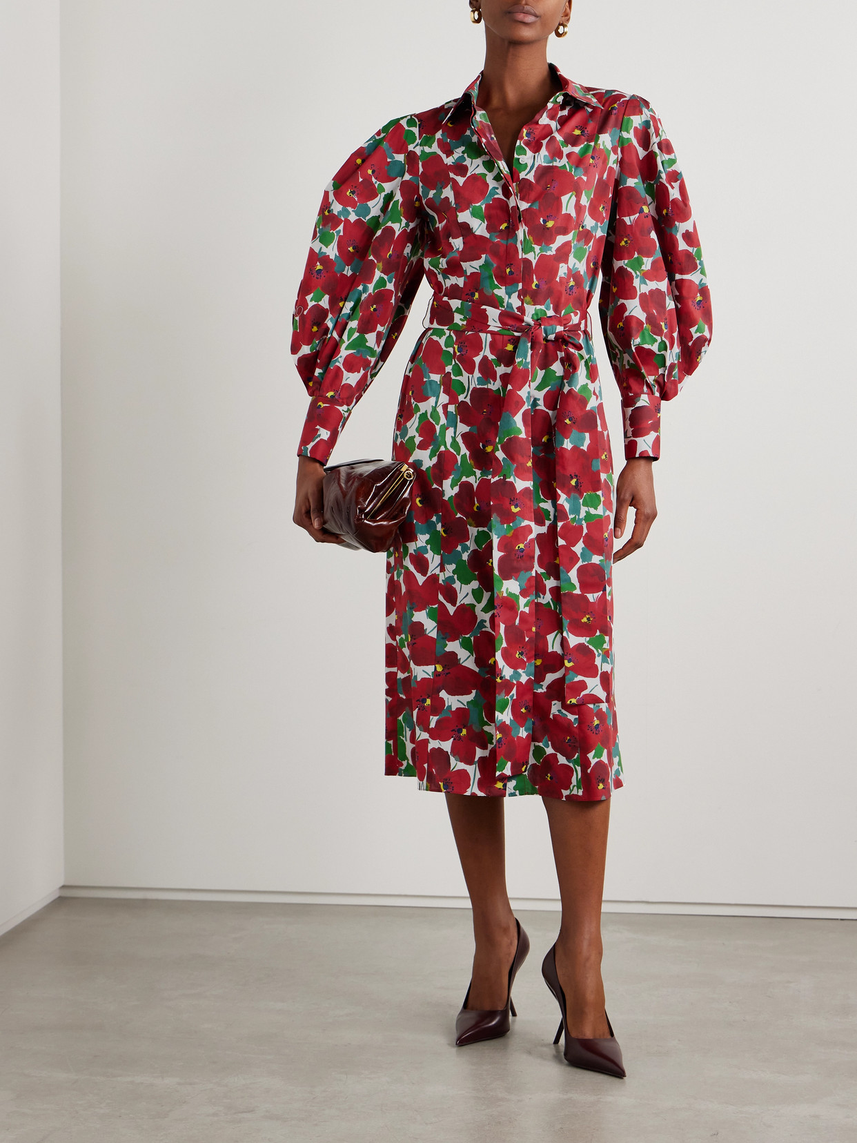 CAROLINA HERRERA BELTED FLORAL-PRINT COTTON-BLEND MIDI SHIRT DRESS