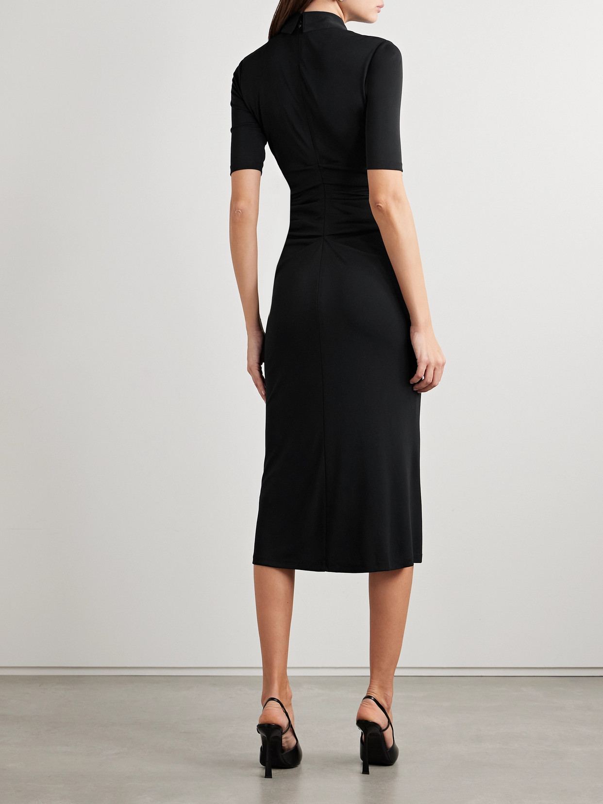 Carolina Herrera Button-embellished Ruched Stretch-jersey Midi Dress In Black