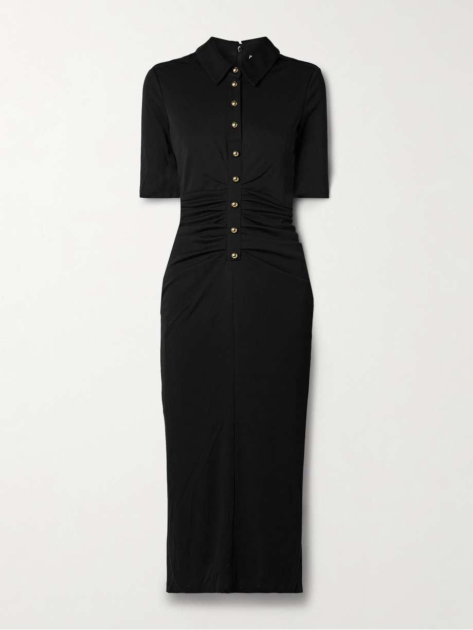 button-embellished ruched stretch-jersey midi dress