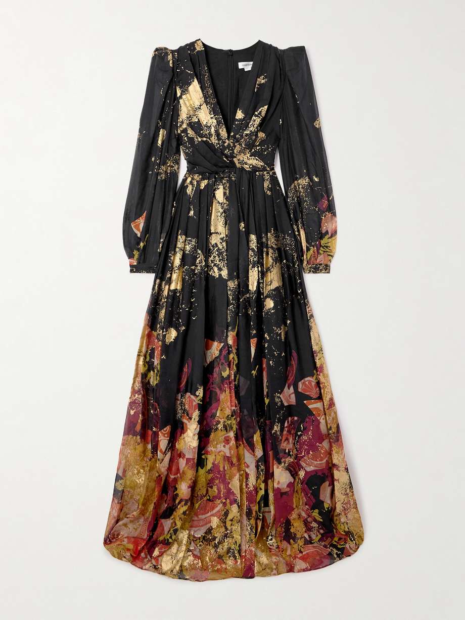 antique shard metallic printed silk-chiffon gown