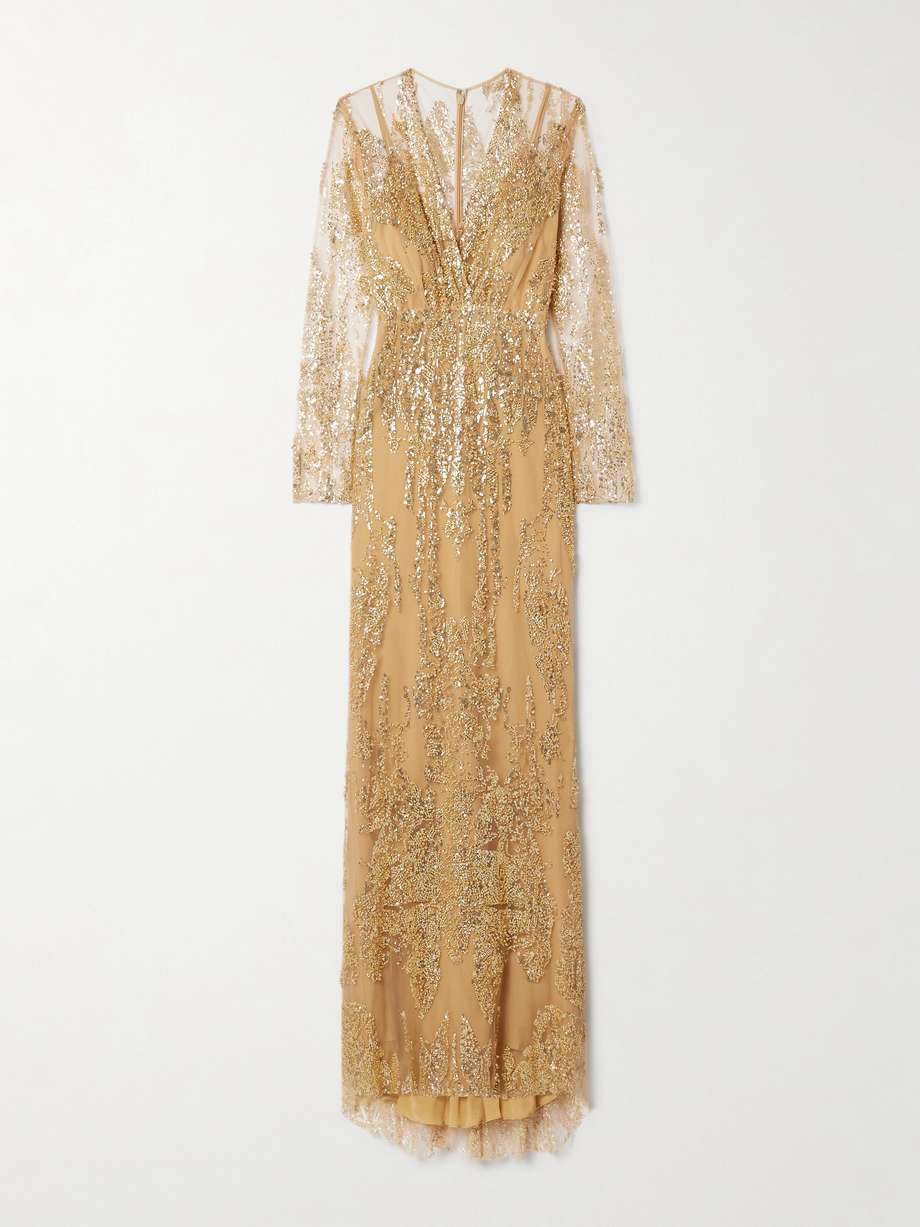 wrap-effect embellished tulle gown