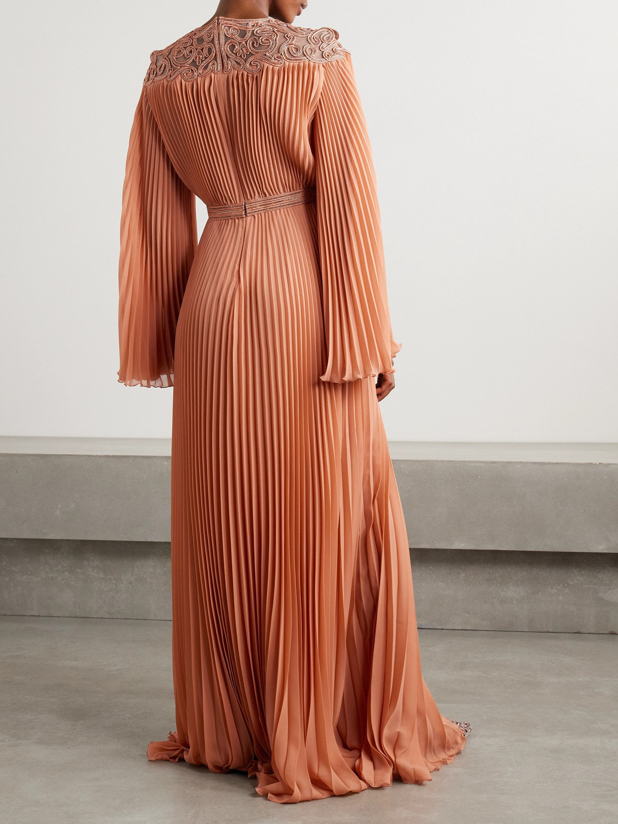 Zuhair Murad Embroidered Embellished Tulle-trimmed Plissé-georgette Gown In Orange