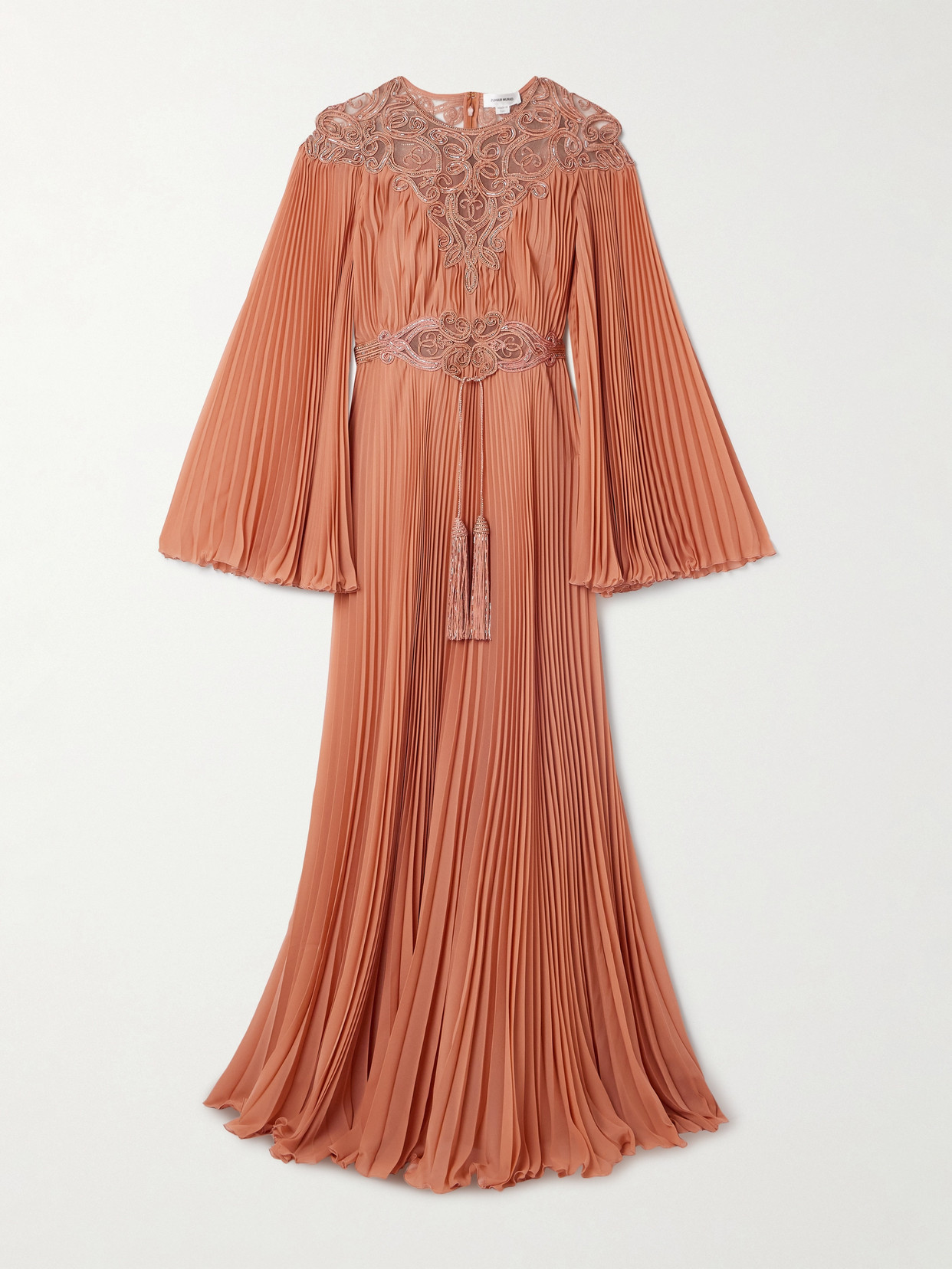 Zuhair Murad Embroidered Embellished Tulle-trimmed Plissé-georgette Gown In Orange