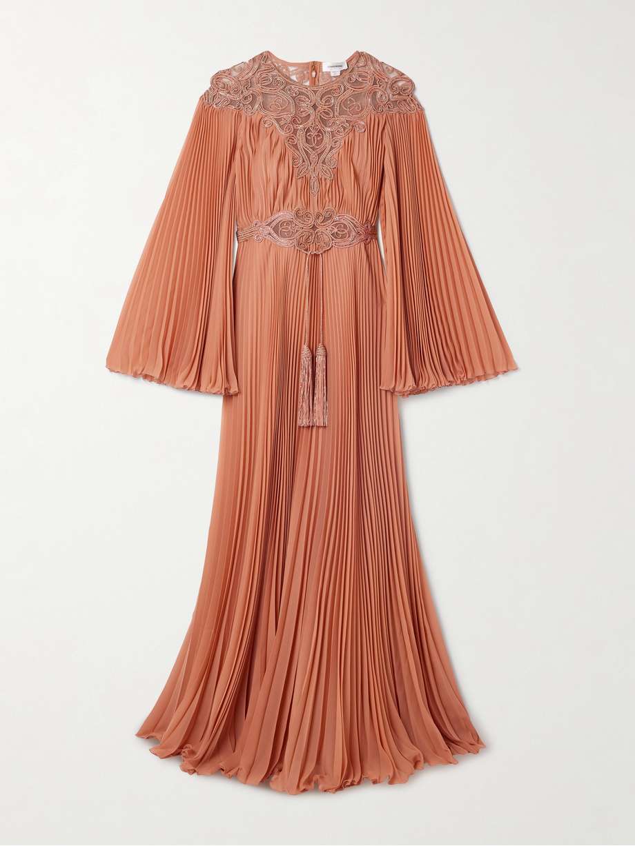 embroidered embellished tulle-trimmed plissé-georgette gown