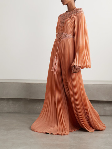 Zuhair Murad Embroidered embellished tulle-trimmed plissé-georgette gown