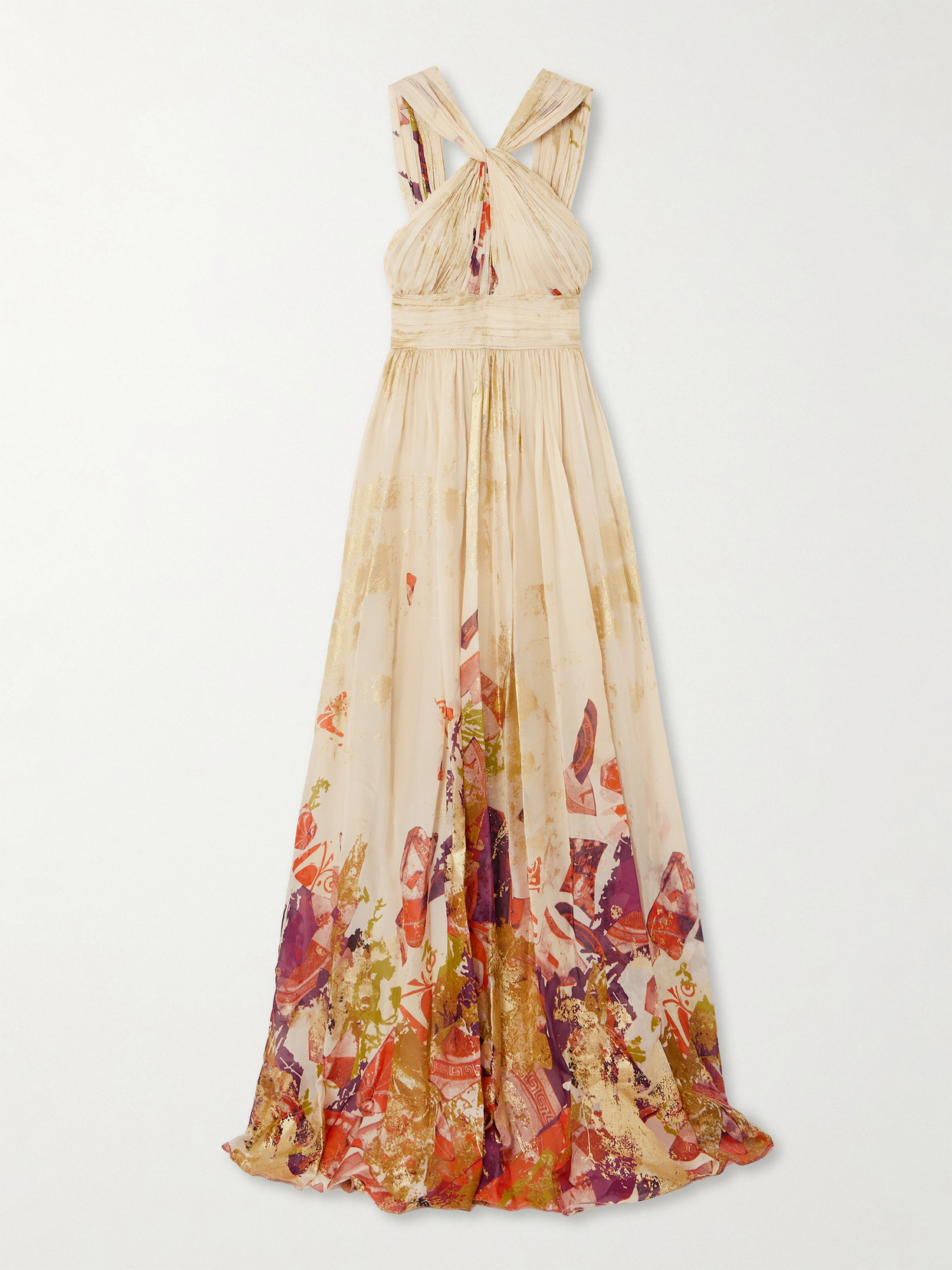 Zuhair Murad Antique Shard Metallic Printed Silk-chiffon Gown In Cream