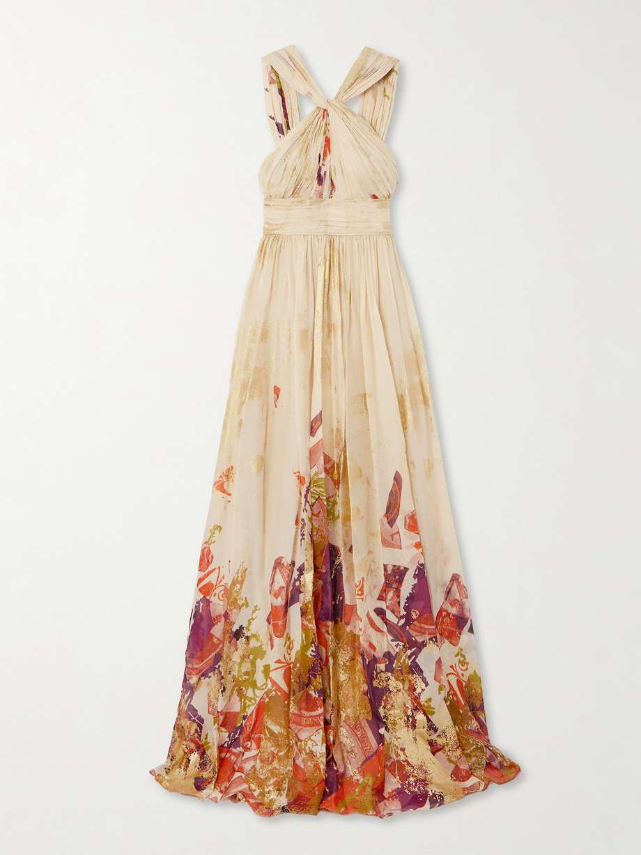 antique shard metallic printed silk-chiffon gown