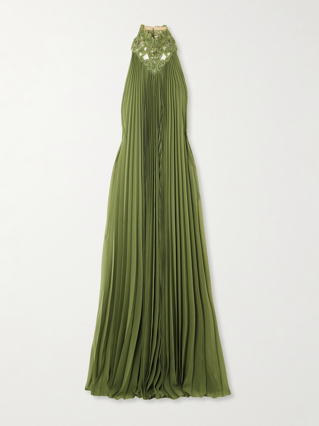 Zuhair Murad Tasseled Pleated Embellished Mesh-trimmed Georgette Halterneck Gown In Green