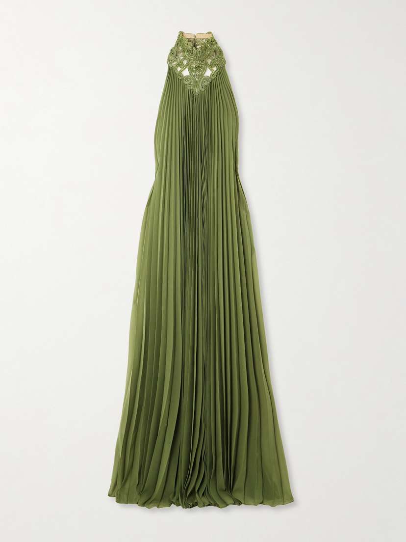 Zuhair Murad Tasseled Pleated Embellished Mesh-trimmed Georgette Halterneck Gown