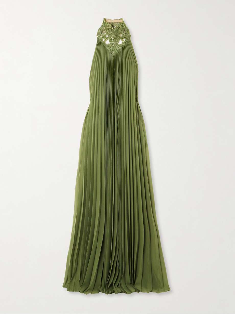 tasseled pleated embellished mesh-trimmed georgette halterneck gown