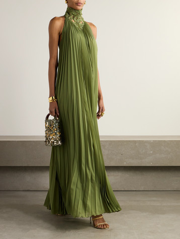 Zuhair Murad Tasseled pleated embellished mesh-trimmed georgette halterneck gown