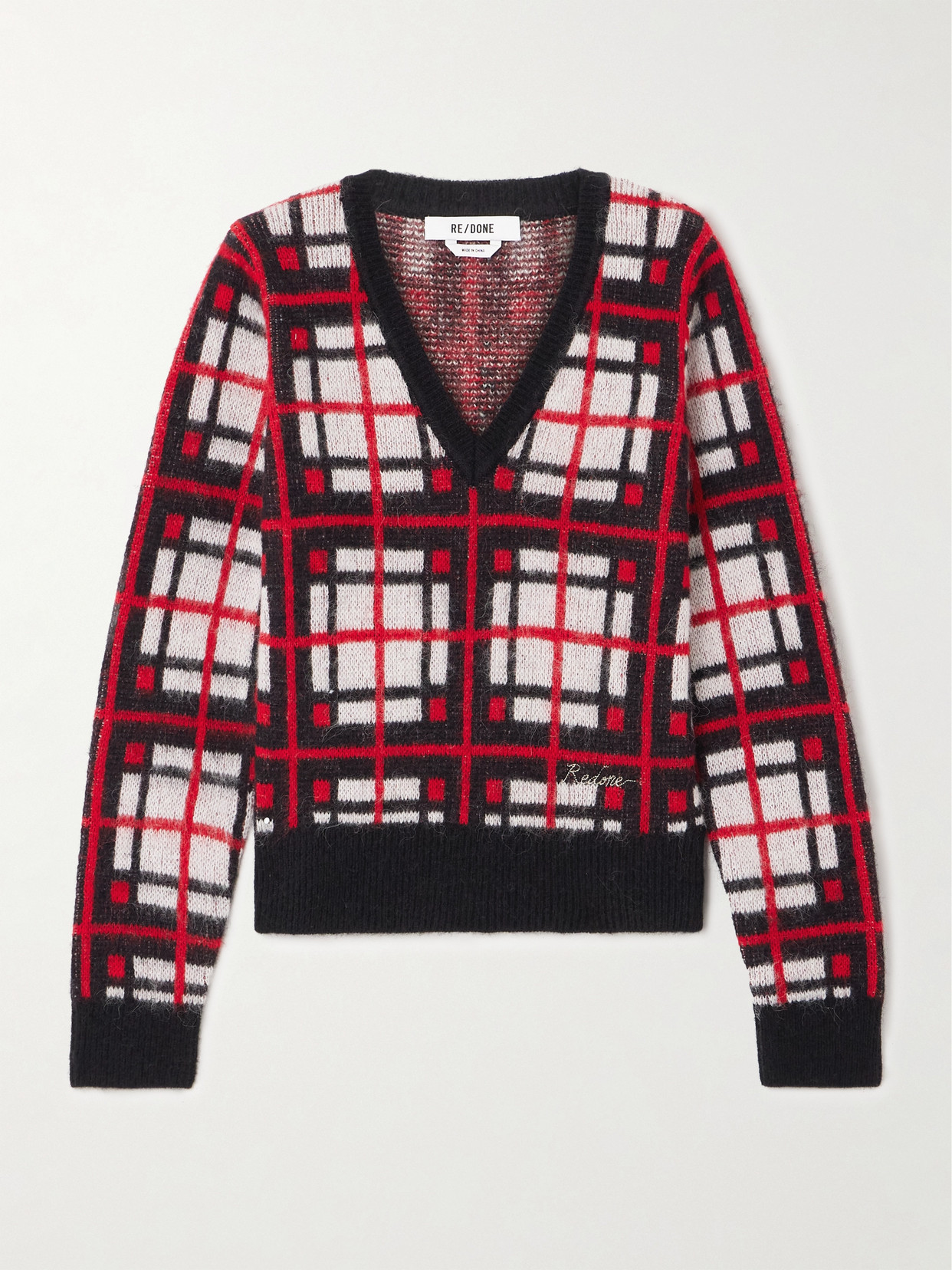 Re/done Embroidered Checked Jacquard-knit Jumper In Red