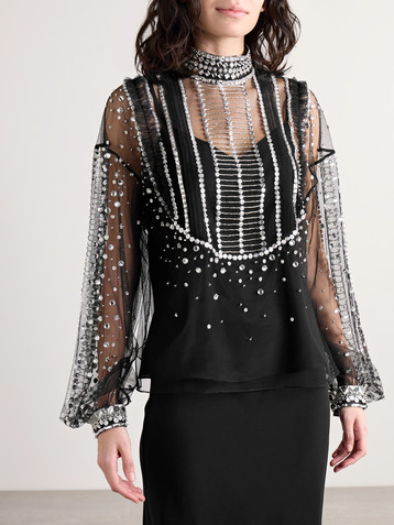 Zuhair Murad Embellished pintucked tulle turtleneck blouse