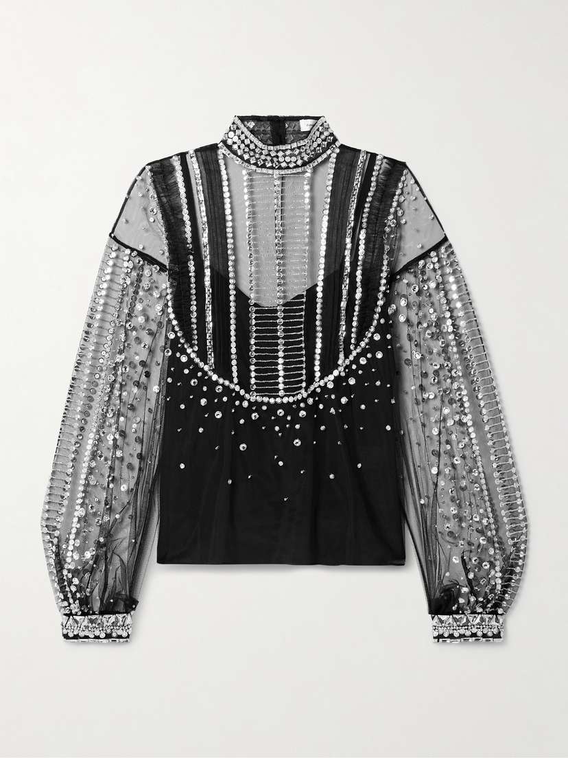 Zuhair Murad Embellished Pintucked Tulle Turtleneck Blouse