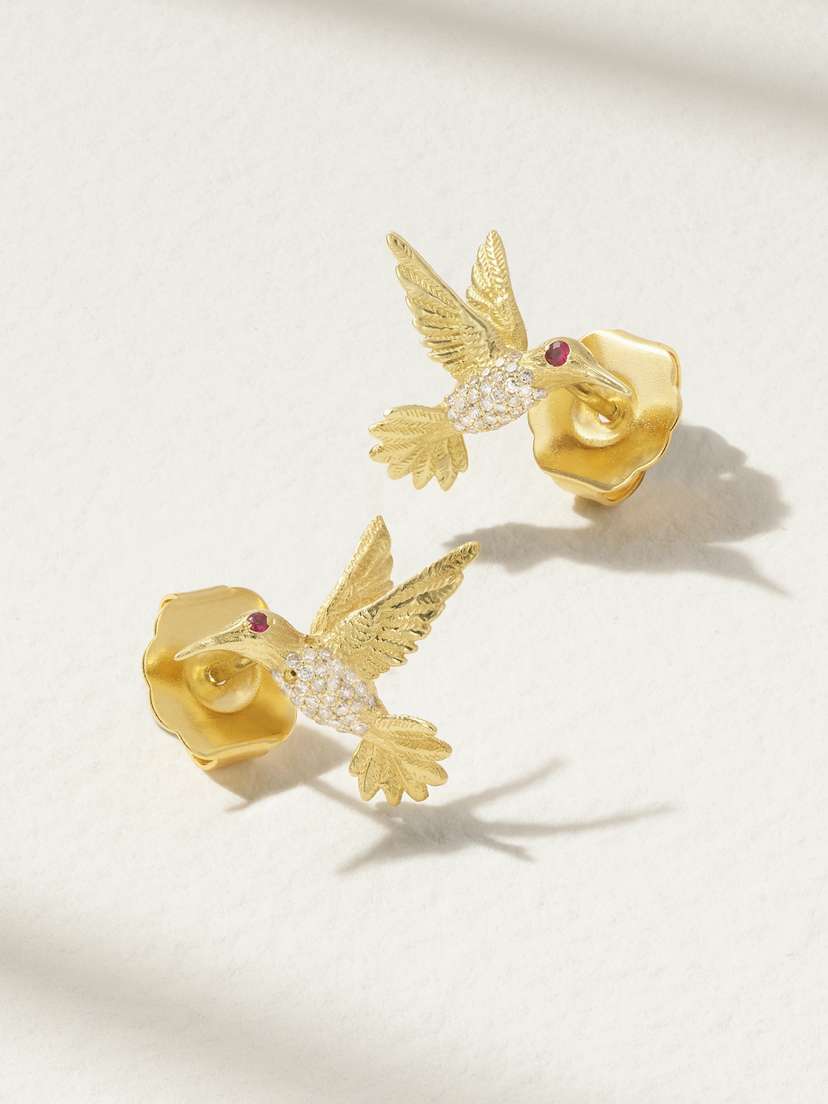 Jenna Blake Hummingbird 18-karat Gold Diamond And Ruby Earrings