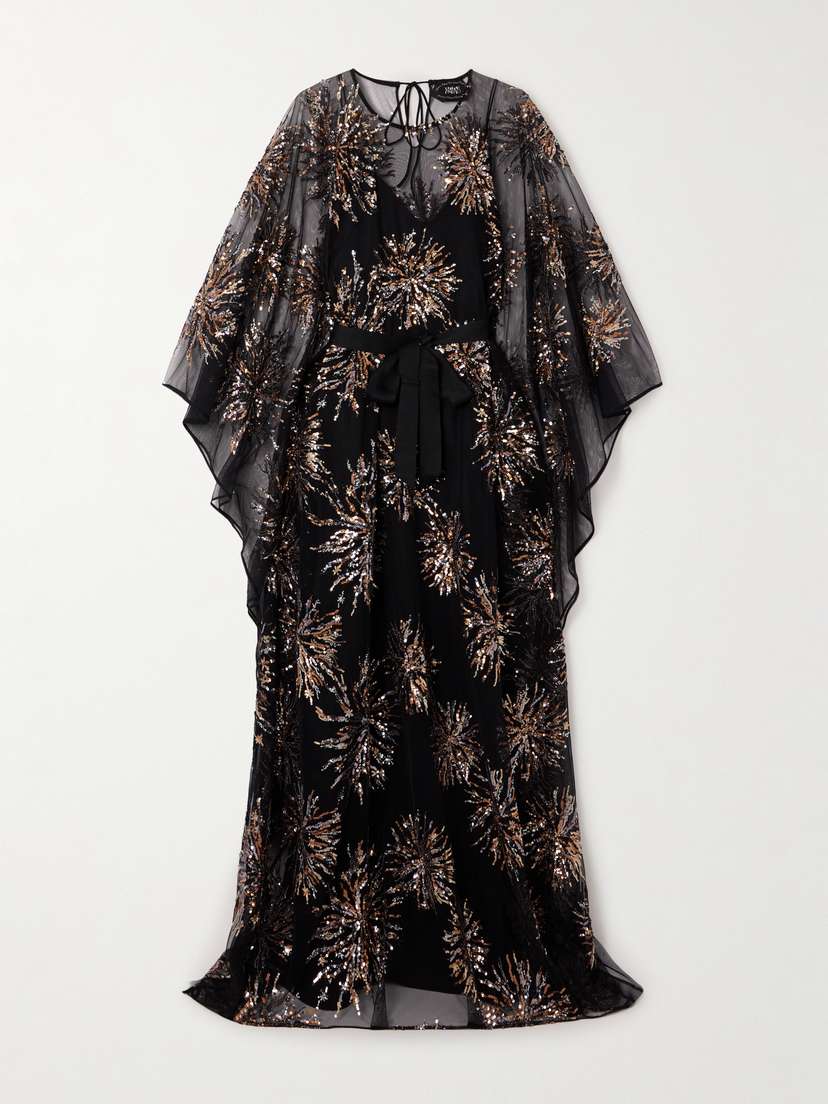 Taller Marmo Gran Soleil Belted Sequin-embellished Tulle Kaftan