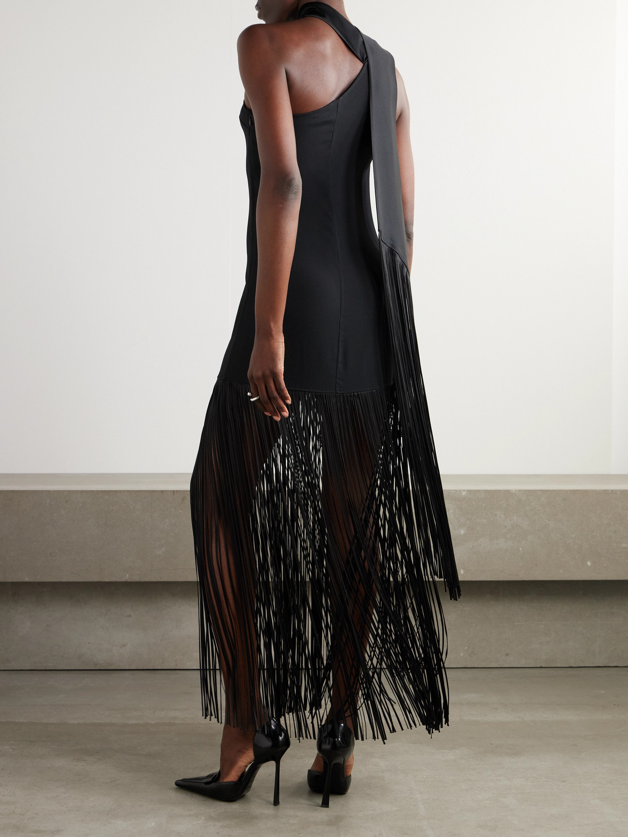 TALLER MARMO ATLANTA ASYMMETRIC ONE-SHOULDER FRINGED CREPE GOWN