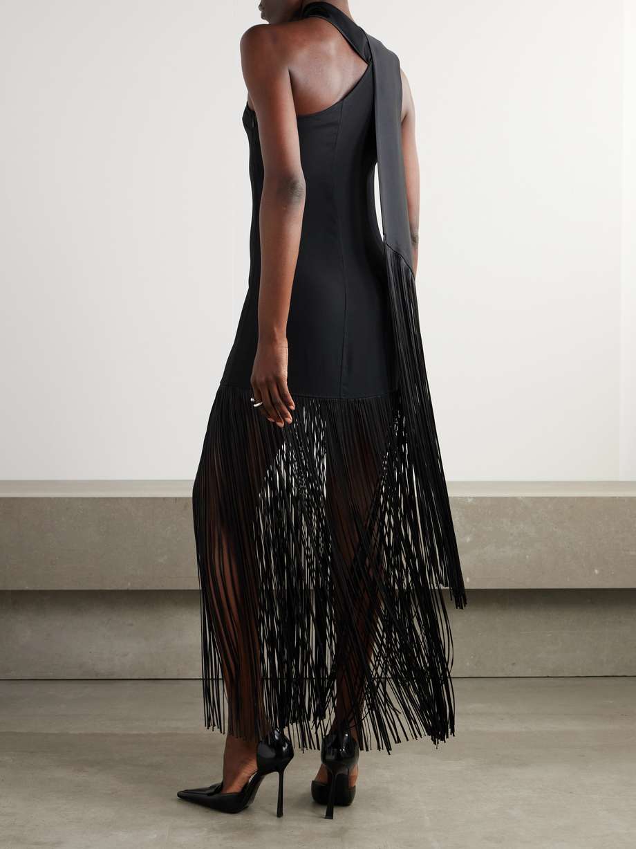 atlanta asymmetric one-shoulder fringed crepe gown