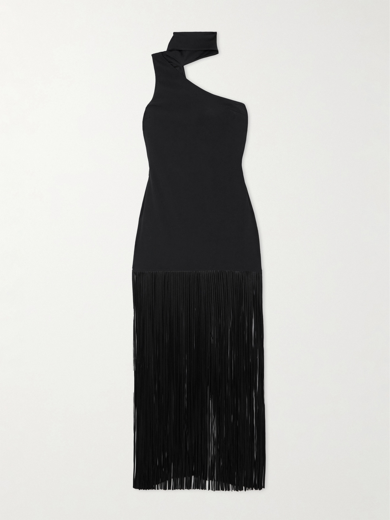Taller Marmo Atlanta Asymmetric One-shoulder Fringed Crepe Gown In Black