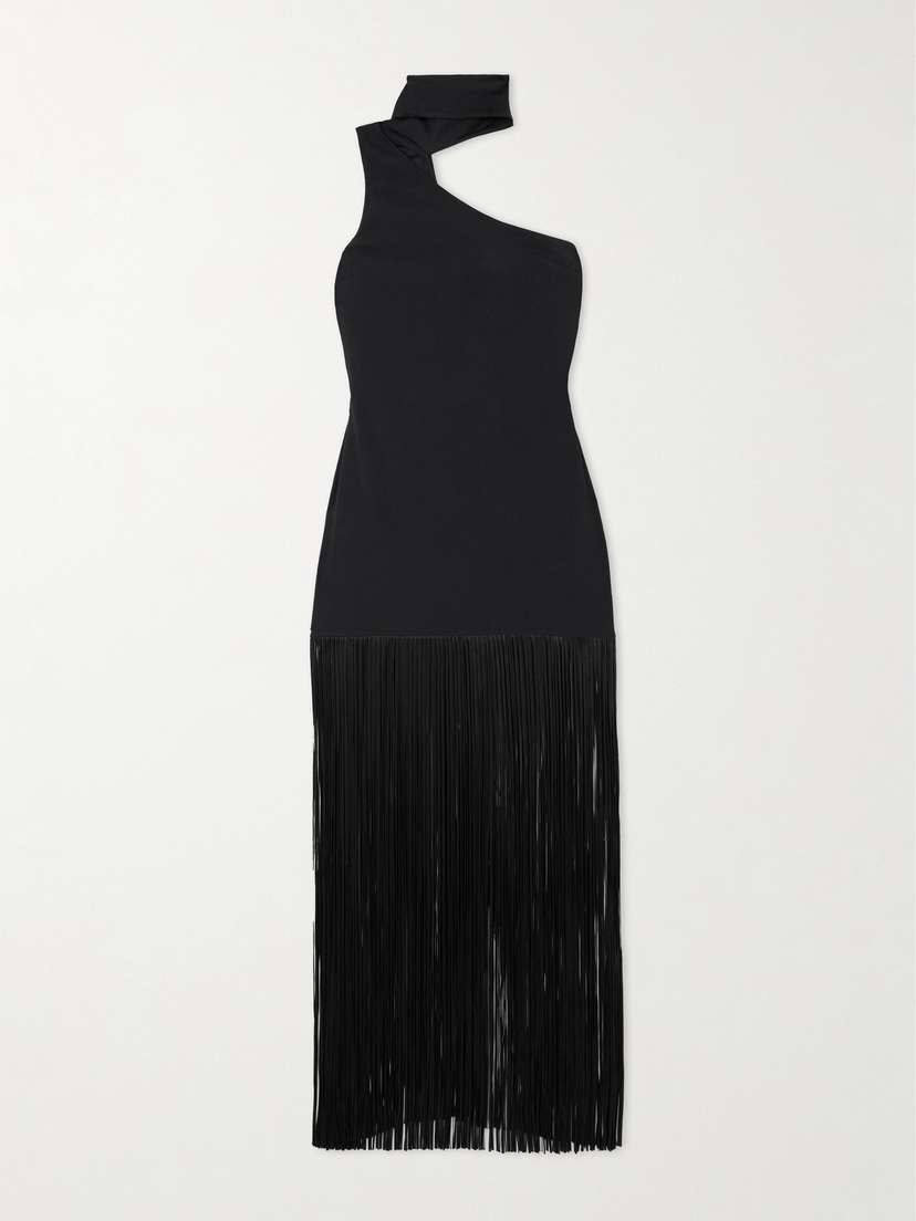 Taller Marmo Atlanta Asymmetric One-shoulder Fringed Crepe Gown