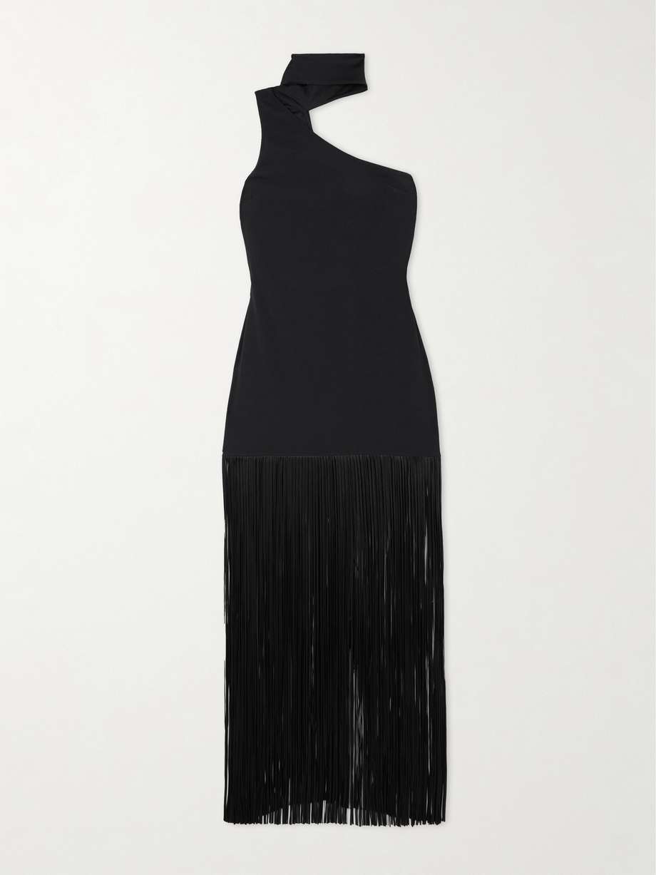 atlanta asymmetric one-shoulder fringed crepe gown