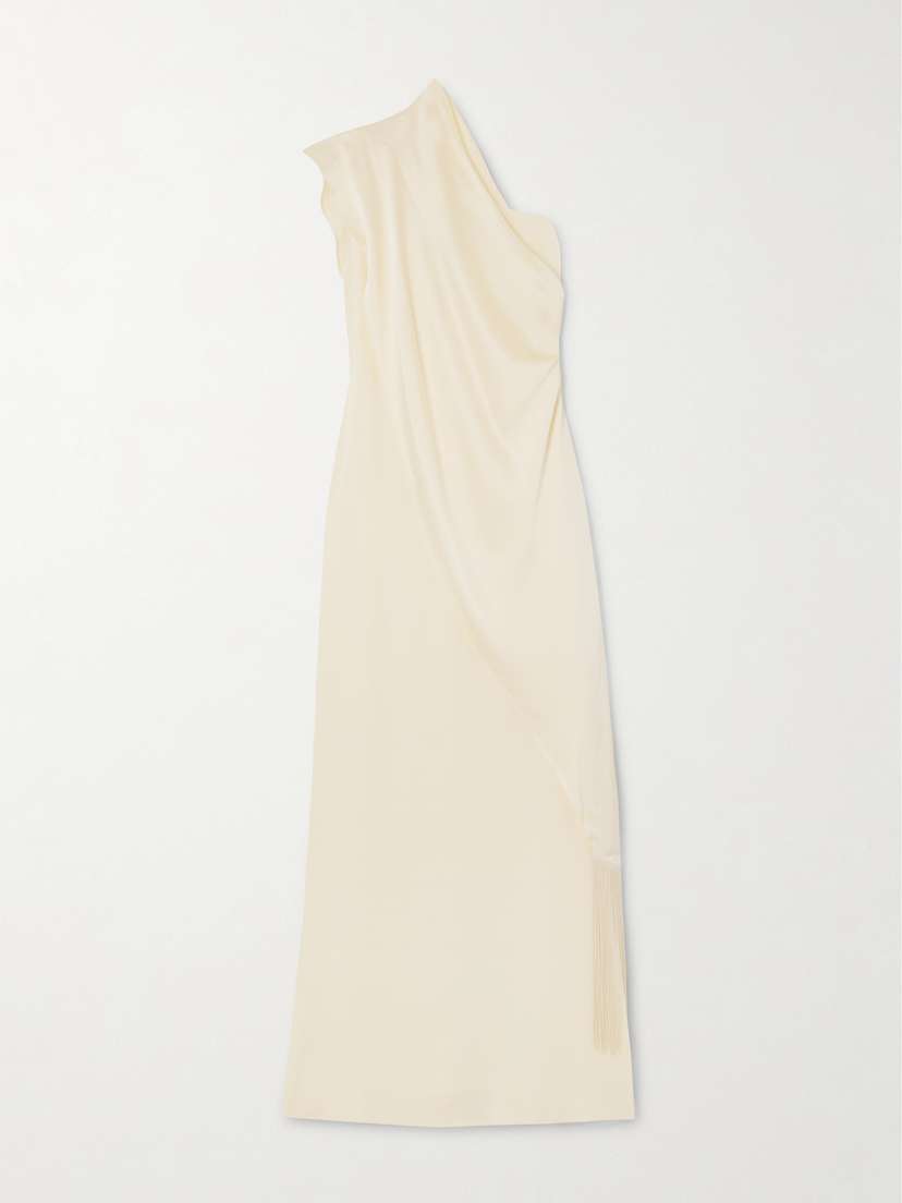 Taller Marmo Berenson Draped One-shoulder Fringed Crepe Gown