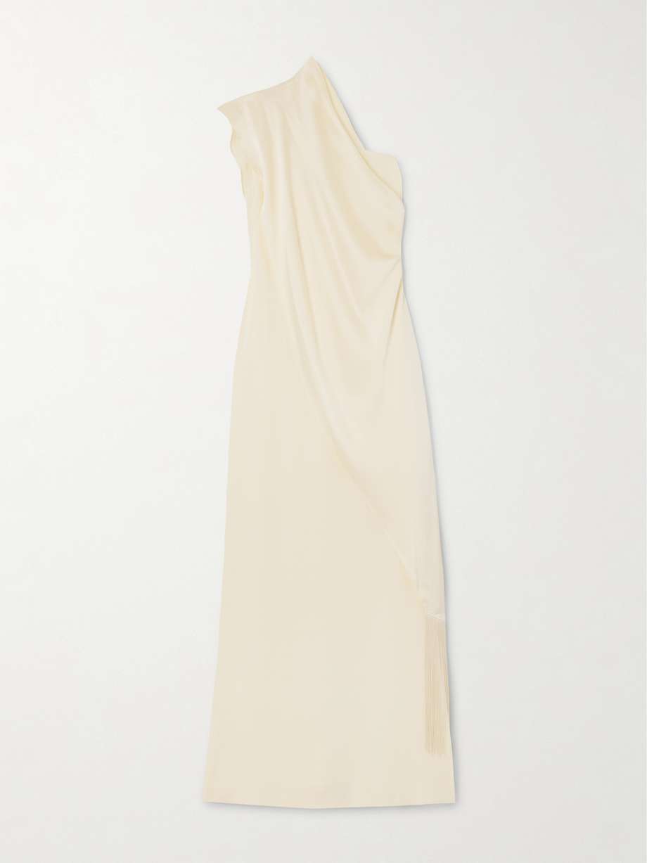 berenson draped one-shoulder fringed crepe gown