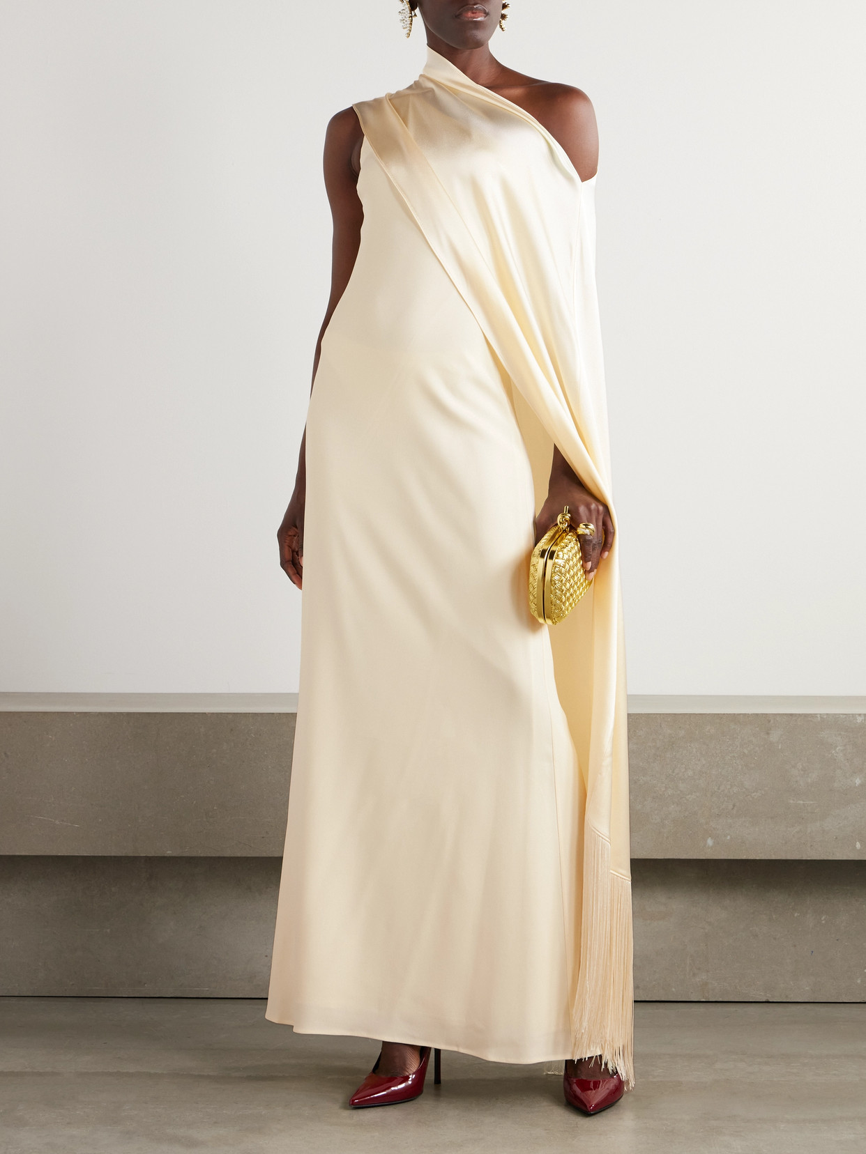 TALLER MARMO BERENSON DRAPED ONE-SHOULDER FRINGED CREPE GOWN 