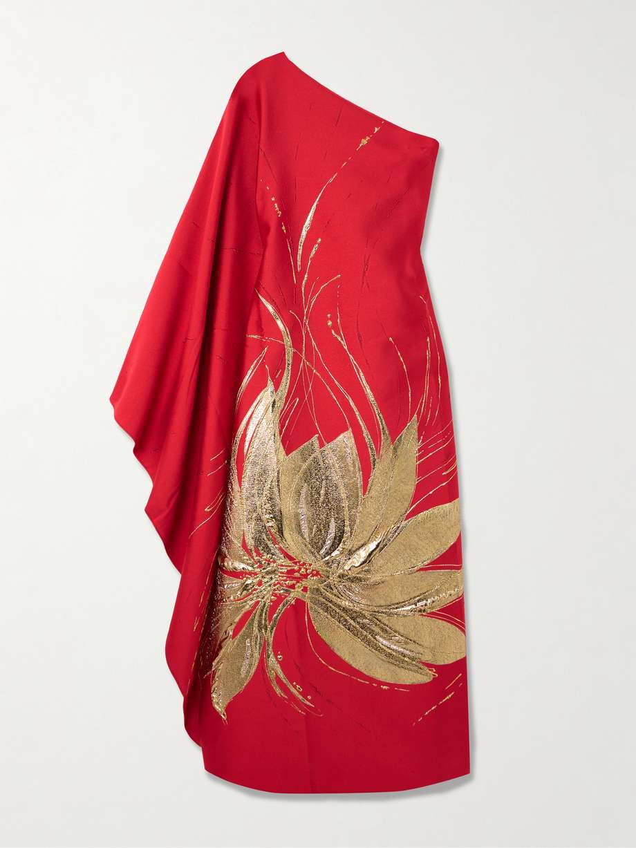hardison one-shoulder metallic floral-jacquard and crepe gown