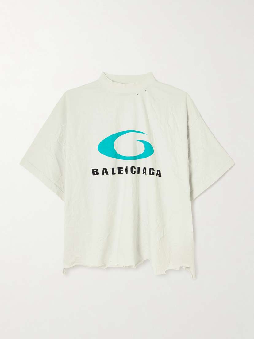 Balenciaga Cropped Distressed Printed Cotton-jersey T-shirt
