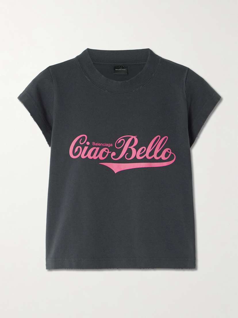 Balenciaga Cropped Distressed Printed Cotton-blend Jersey T-shirt