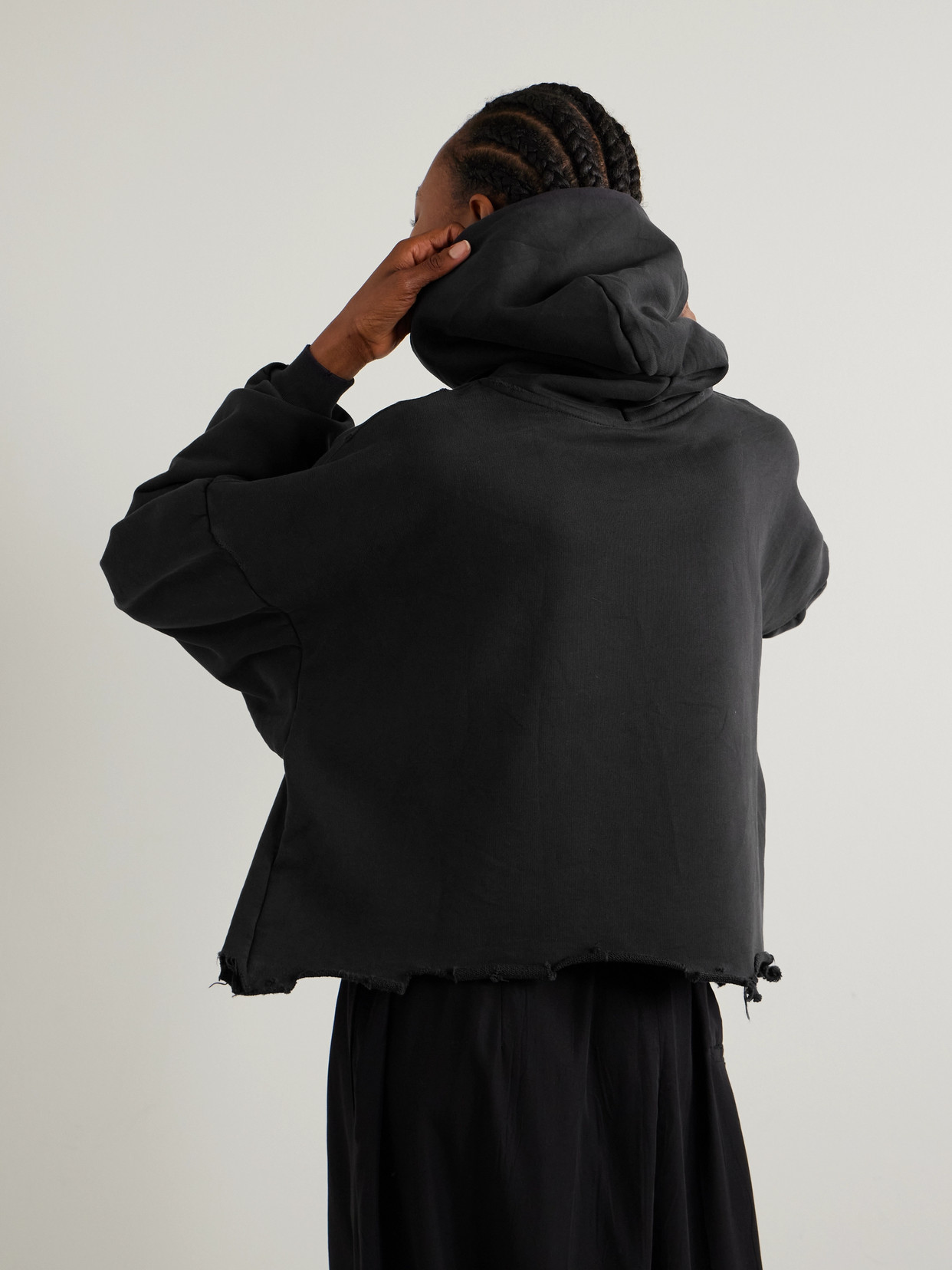 Shop Balenciaga Oversized Cropped Distressed Printed Cotton-jersey Hoodie In Black