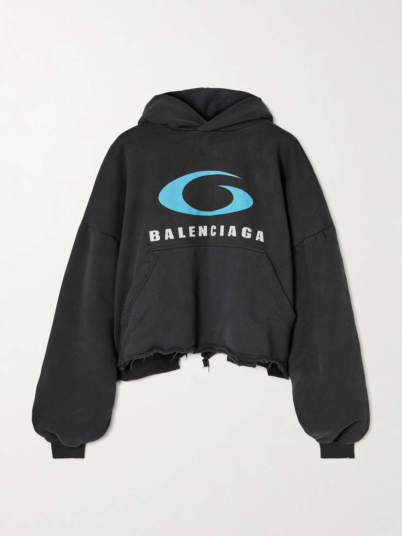 Balenciaga Oversized Cropped Distressed Printed Cotton-jersey Hoodie