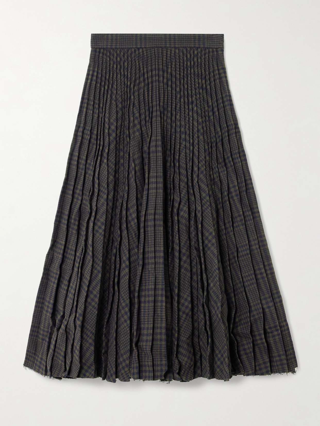 Balenciaga Pleated Checked Crinkled Wool-blend Midi Skirt In Blue