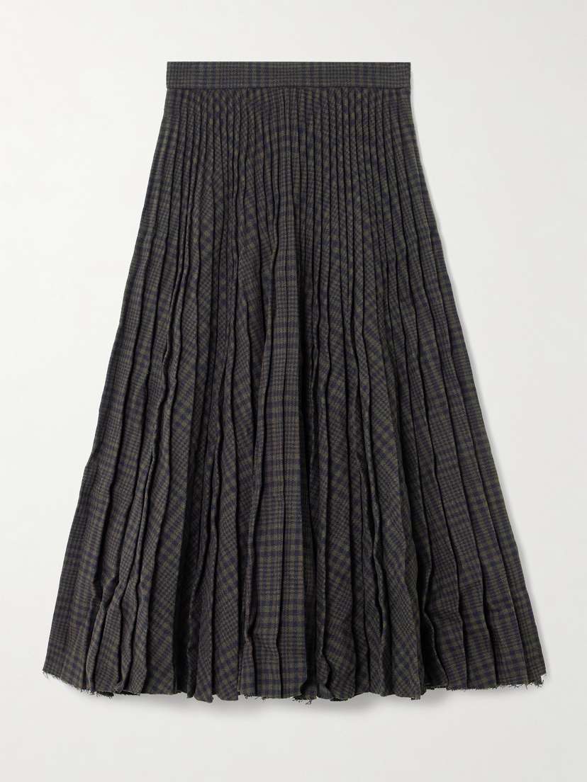 Balenciaga Pleated Checked Crinkled Wool-blend Midi Skirt