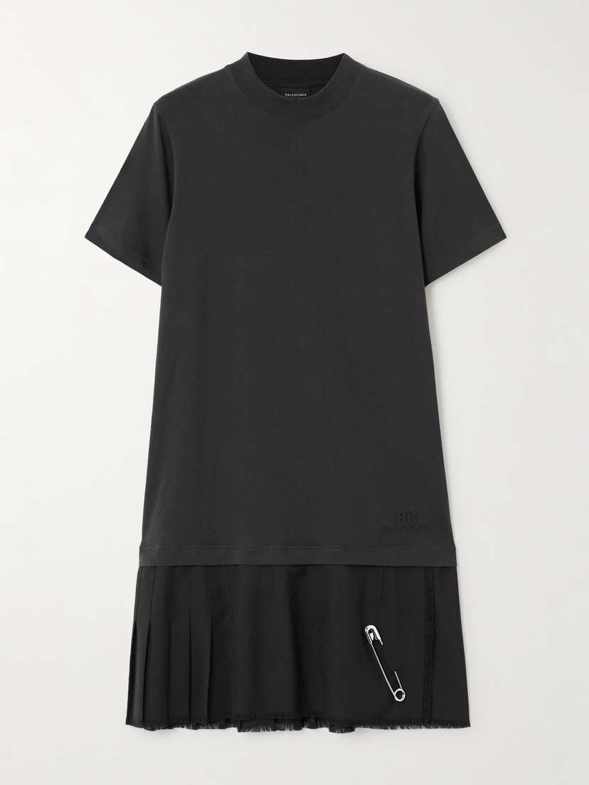 Balenciaga Layered Frayed Embellished Cotton-jersey And Wool-blend Twill Mini Dress