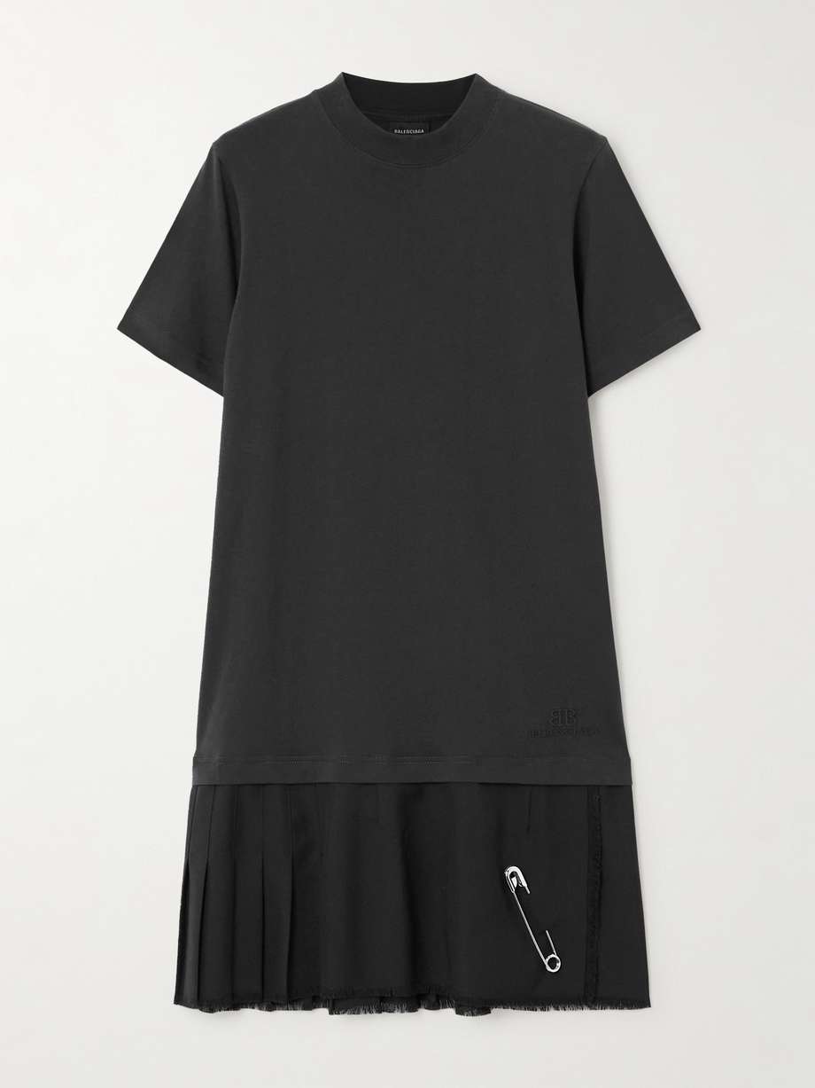layered frayed embellished cotton-jersey and wool-blend twill mini dress