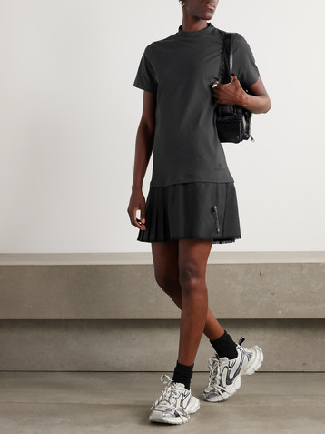Balenciaga Layered frayed embellished cotton-jersey and wool-blend twill mini dress