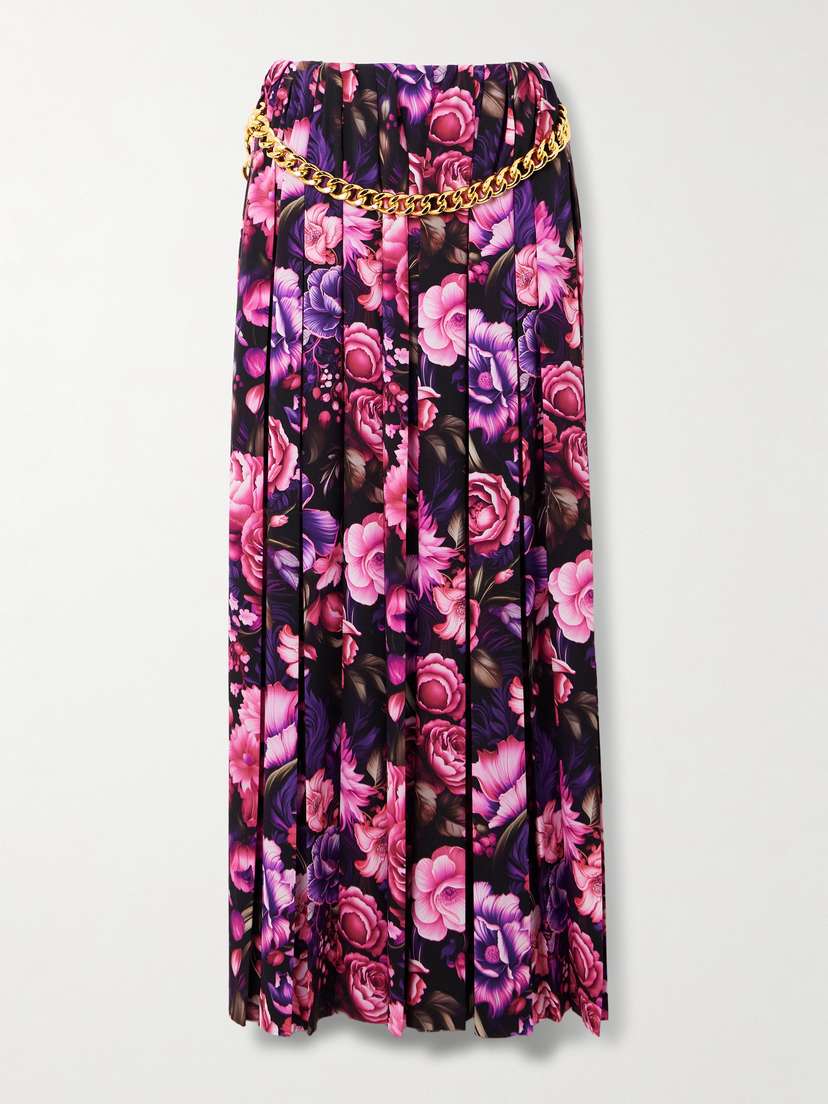 Balenciaga Chain-embellished Pleated Floral-print Crepe Maxi Skirt