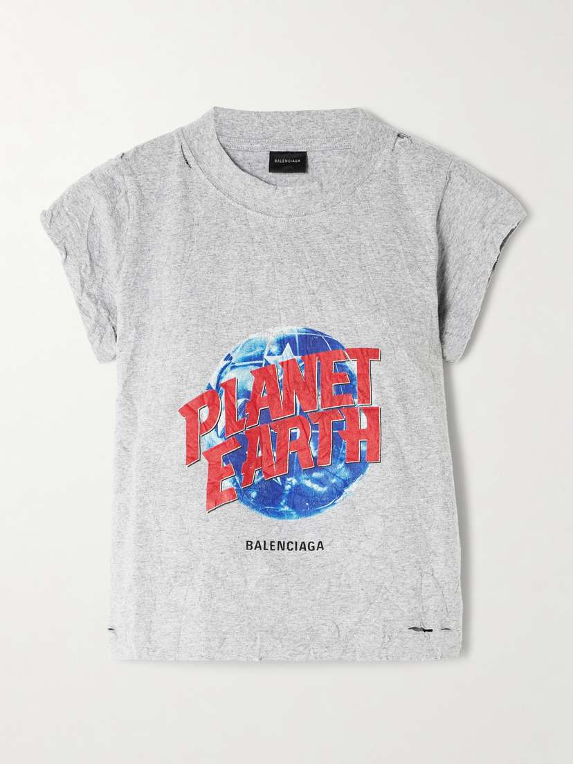 Balenciaga Cropped Distressed Printed Cotton-blend Jersey T-shirt